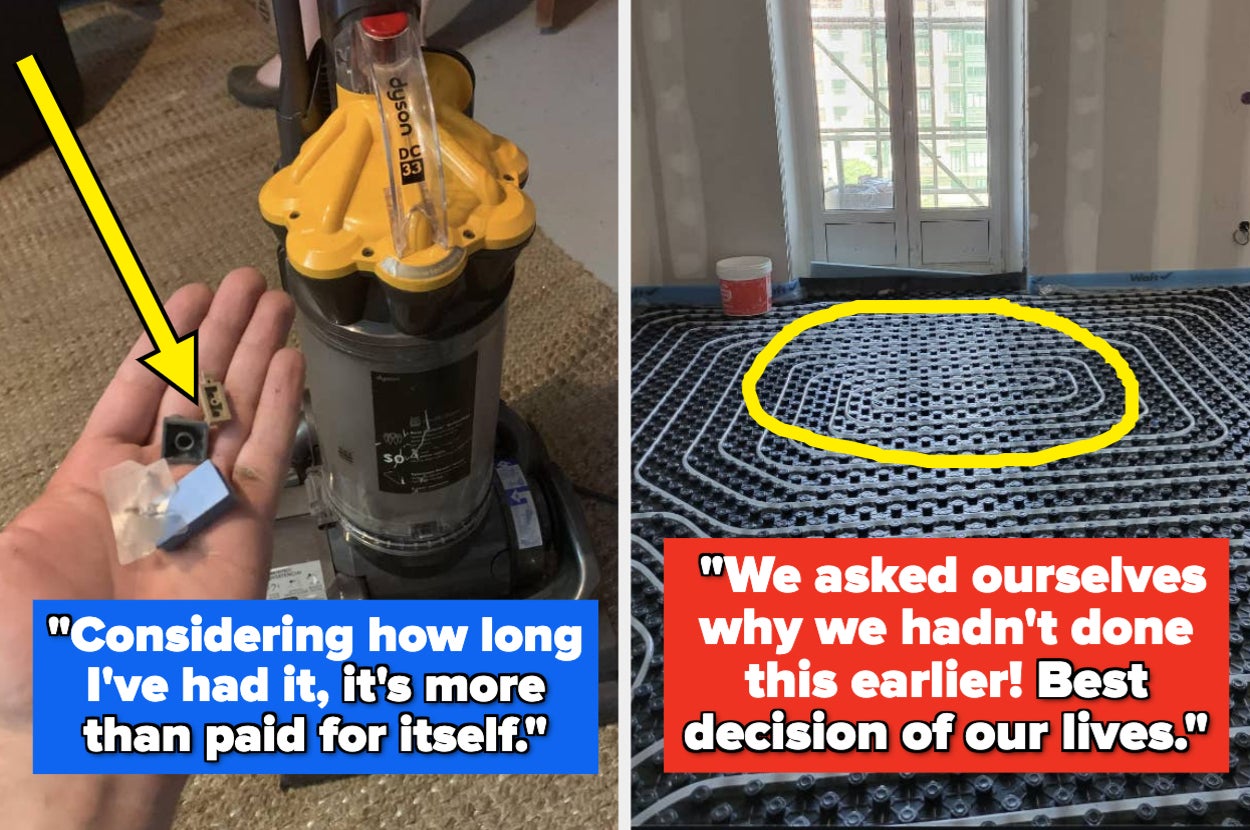 Two images: Left shows a hand holding small vacuum parts next to a vacuum cleaner with text, "Considering how long I've had it, it's more than paid for itself." Right shows a newly installed floor heating system with text, "We asked ourselves why we hadn'