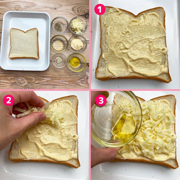 食パンに調味料とチーズをのせる手順を説明する4枚の画像。