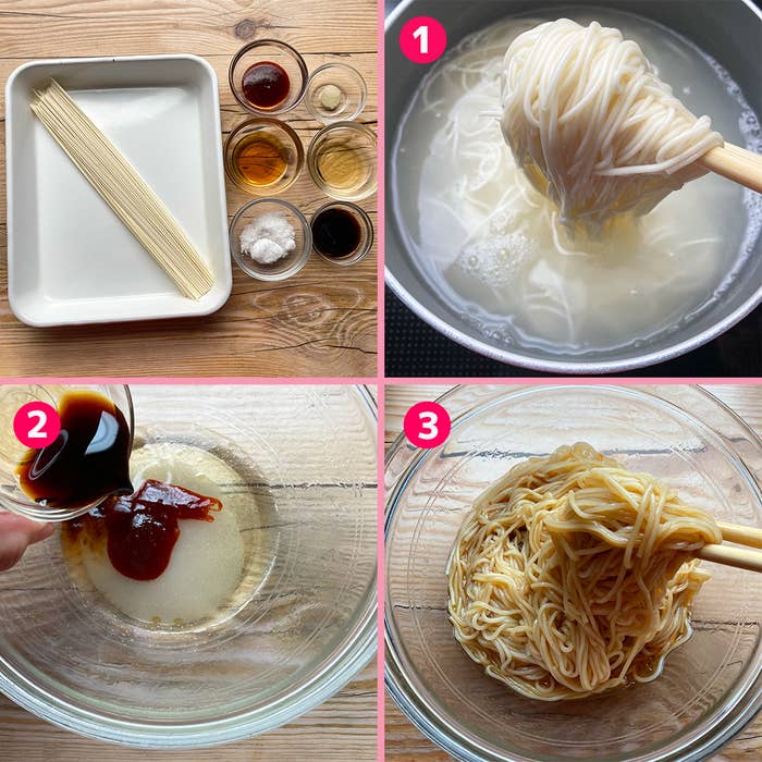 調理手順の画像: 1. 素麺を鍋で茹でる。2. ボウルに調味料を加える。3. 麺を和える。