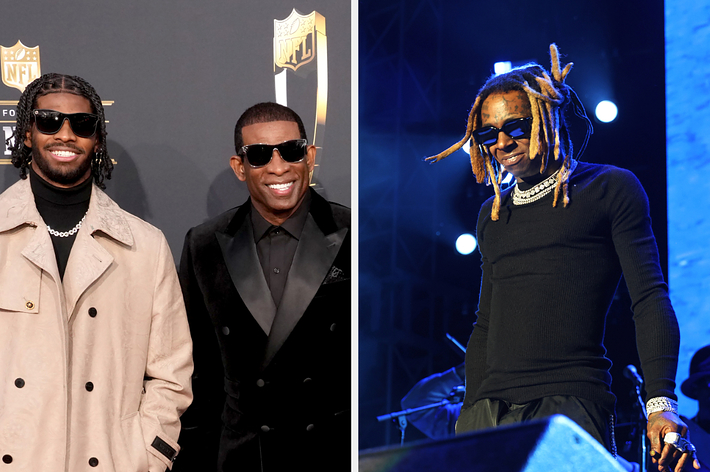 Shedeur Sanders and Deion Sanders at an event in formal wear. Lil Wayne performs on stage wearing casual attire and sunglasses