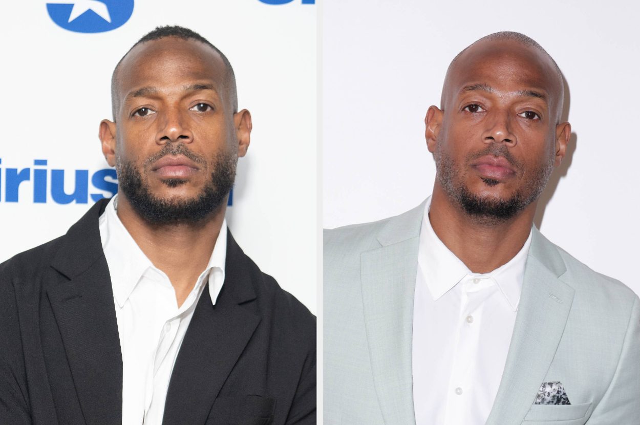 Marlon Wayans in two side-by-side images. In the first, he wears a dark jacket over a white shirt; in the second, he wears a light suit jacket over a white shirt