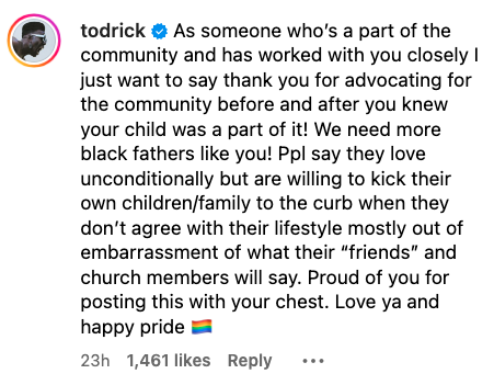 Instagram post by Todrick Hall thanking someone for advocating for their child and supporting LGBTQ+ rights, praising black fathers, and expressing pride. Rainbow emoji included