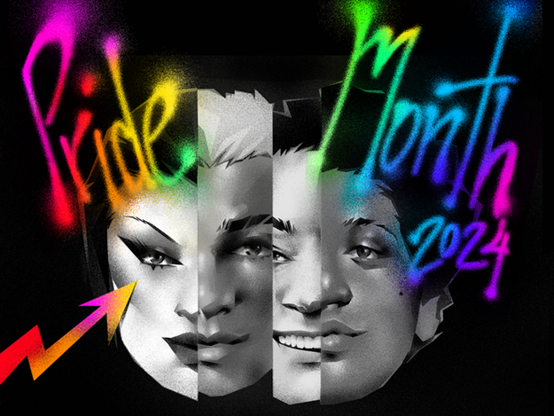 "Stylized graphic of three diverse faces with bold makeup and expressions, overlaid with colorful text: 'Pride Month 2024'."