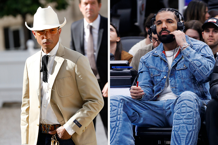Pharrell Williams in a white cowboy hat and a beige suit, and Drake in a denim jacket and jeans, seated and wearing a headset