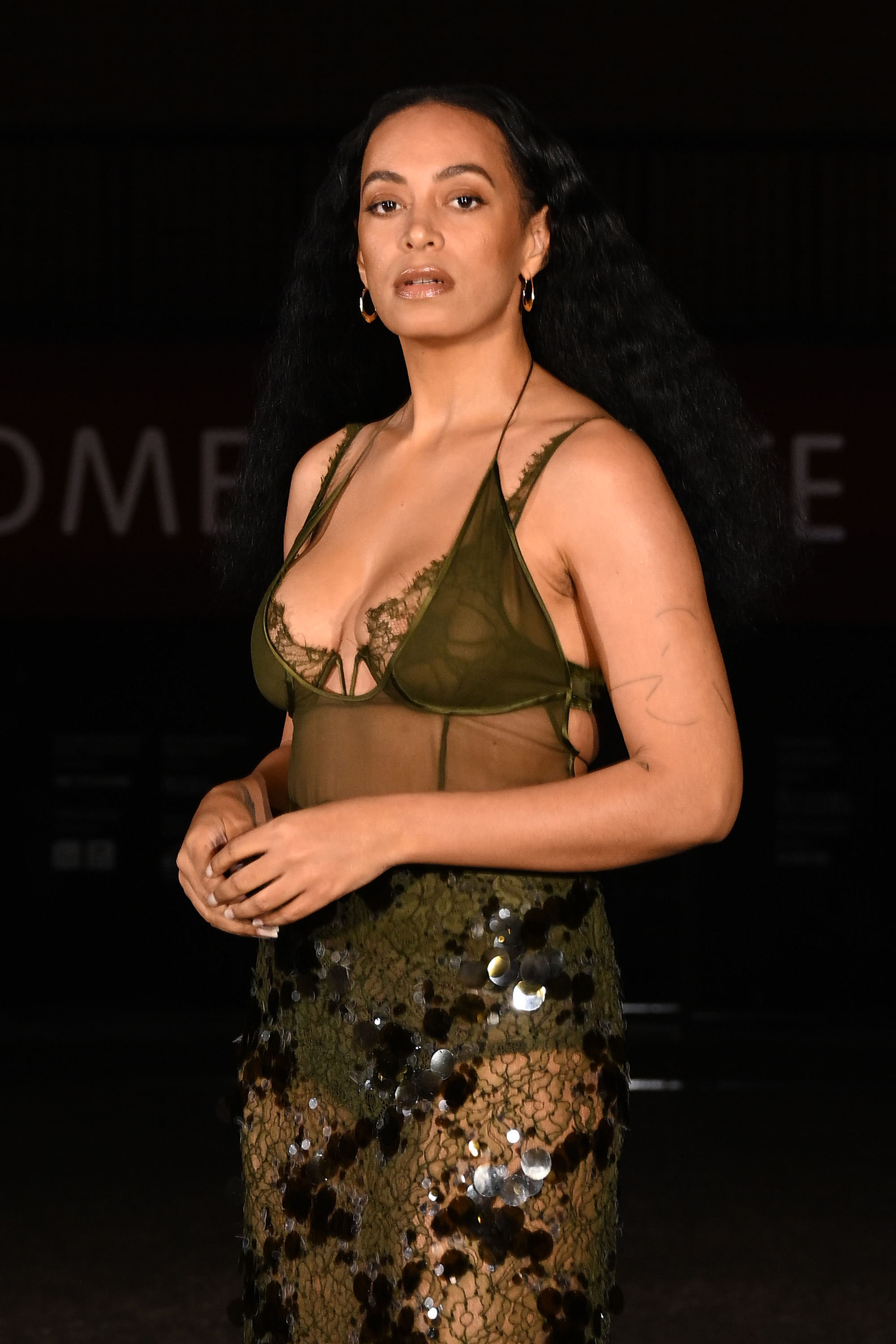 Solange Knowles in a semi-sheer dress with lace bodice and sequin detailing