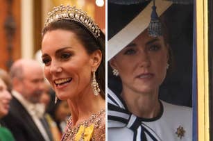 Kate Middleton in two scenes: one wearing an ornate tiara and bejeweled earrings at an event; the other in a black and white hat with a large ribbon, looking out