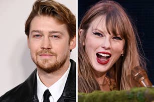 Joe Alwyn in a suit and tie on the left, Taylor Swift singing into a microphone on the right