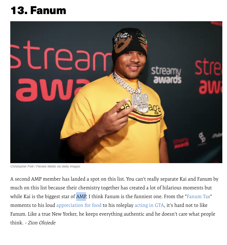Fanum at Streamy Awards wearing a yellow shirt with a photo print, smiling, and holding his necklace. Text mentions AMP and Fanum&#x27;s impact