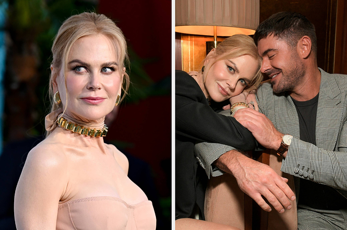 Nicole Kidman in a strapless dress and gold choker; second image shows Kidman in a black top smiling and resting her head on Zac Efron’s shoulder