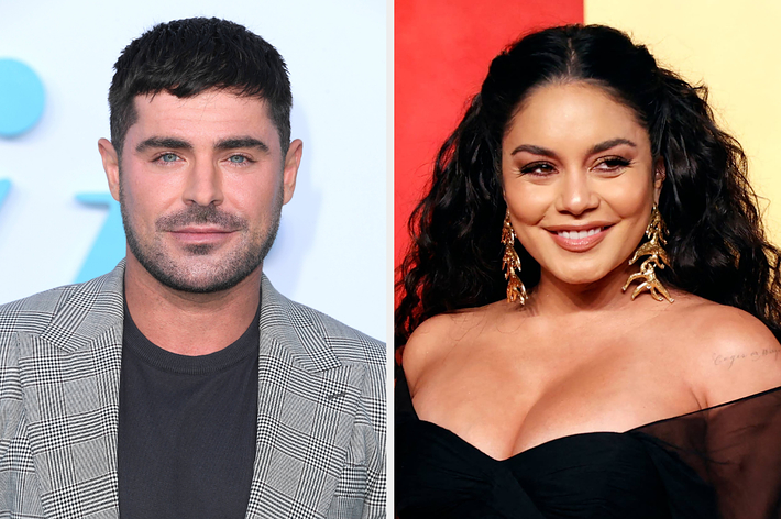 Zac Efron in a checkered suit jacket and Vanessa Hudgens in an off-the-shoulder gown with gold earrings, each posing at separate events