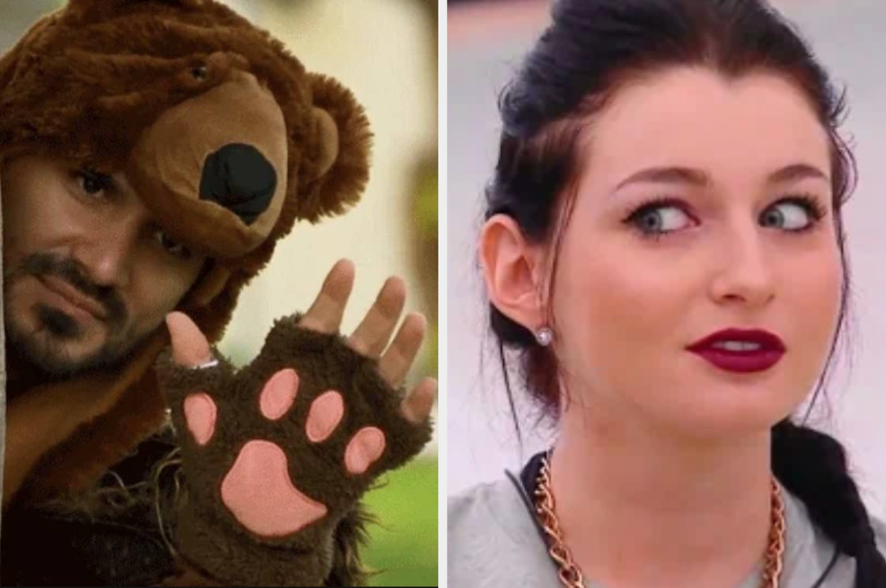 Man in a bear costume waves; woman with dark hair and red lipstick looks to the side with a surprised expression