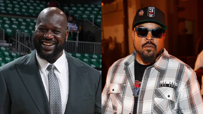 Shaquille O&#x27;Neal in a suit smiles at an indoor event; Ice Cube, wearing sunglasses and a plaid jacket, poses at an outdoor event