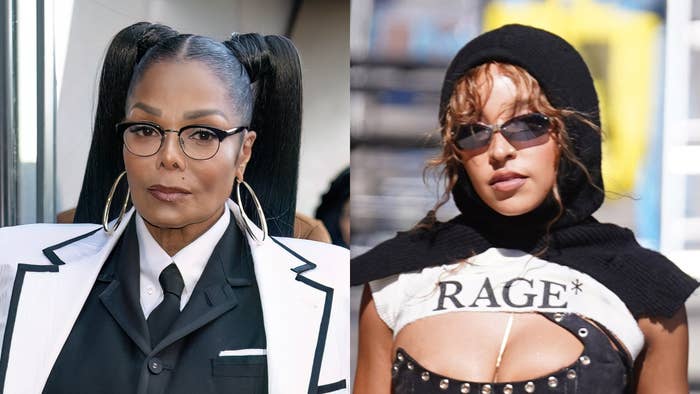 Janet Jackson in a suit with glasses and hoop earrings. Tinashe in a sleeveless top and sunglasses on a music-themed background