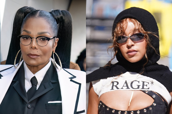 Janet Jackson in a tailored suit with large hoop earrings and glasses next to Tinashe wearing a black hood, sunglasses, and a “RAGE” crop top