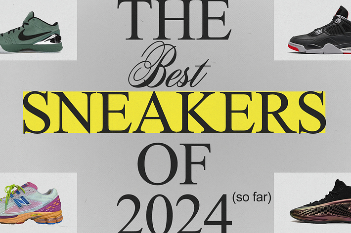 The image displays "The Best Sneakers Of 2024 (so far)" with four different sneakers from various brands around the text