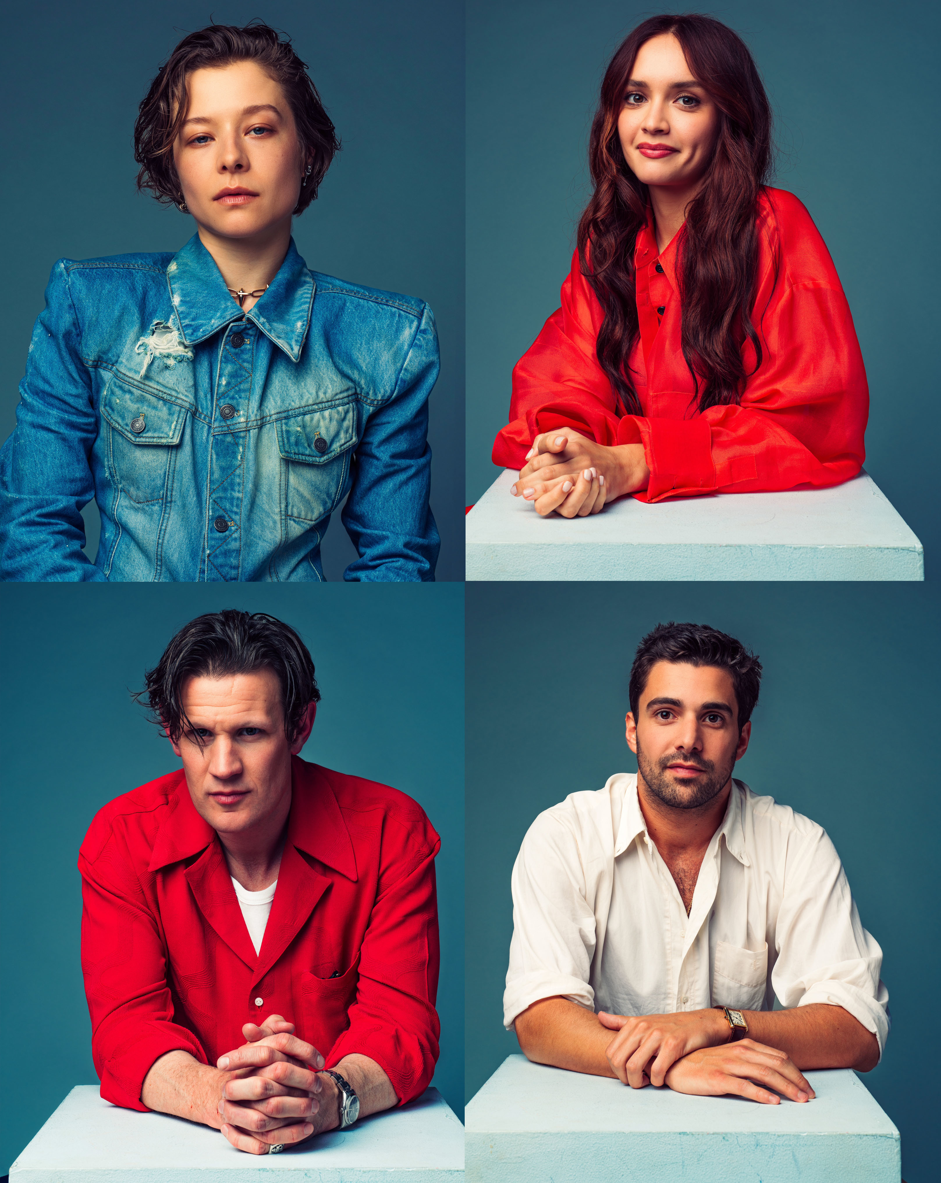 Image featuring four individuals, arranged in a 2x2 grid: Emma D'Arcy in denim jacket, Olivia Cooke in red shirt, Matt Smith in red jacket, and Fabien Frankel in white shirt