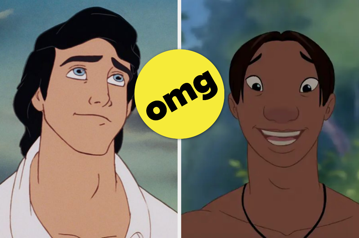 Prince Eric looks longing, and David Kawena smiles broadly next to a yellow circle with "omg" text in black