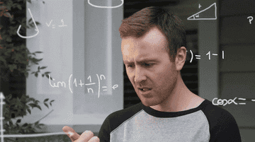 A person appears confused while looking at their fingers. Mathematical equations are overlaid on the image