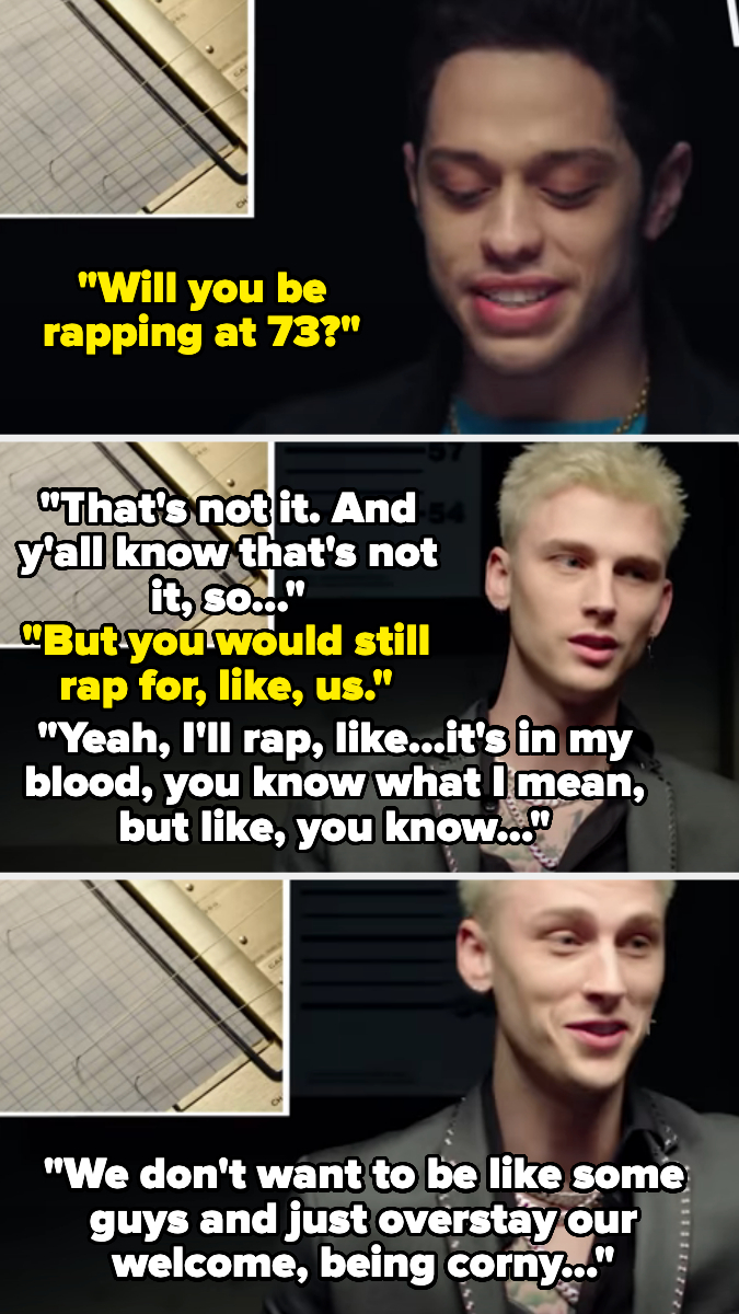 Pete Davidson and Machine Gun Kelly discuss if they'll still rap at 73, expressing their thoughts on longevity and staying relevant in their careers
