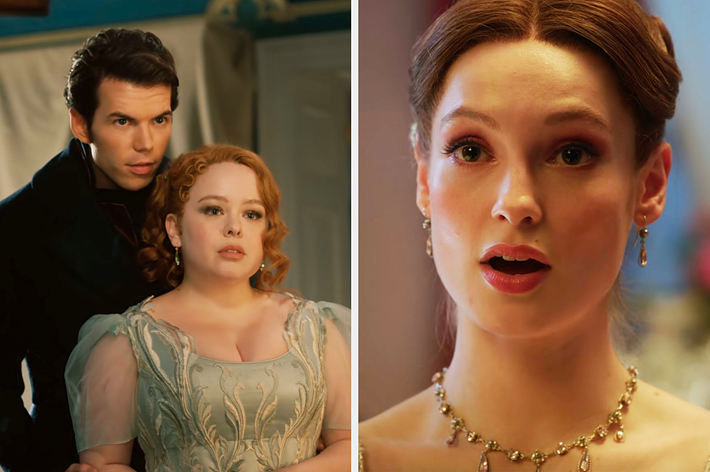 Luke Newton and Nicola Coughlan, dressed in historical attire, pose together. Close-up of Hannah Dodd, looking surprised, wearing jewelry in separate frame