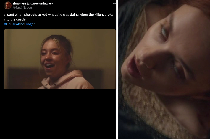 Left: A Euphoria meme joking about Alicent being asked what she was doing when the killers broke in. Right: Alicent with her eyes rolled back