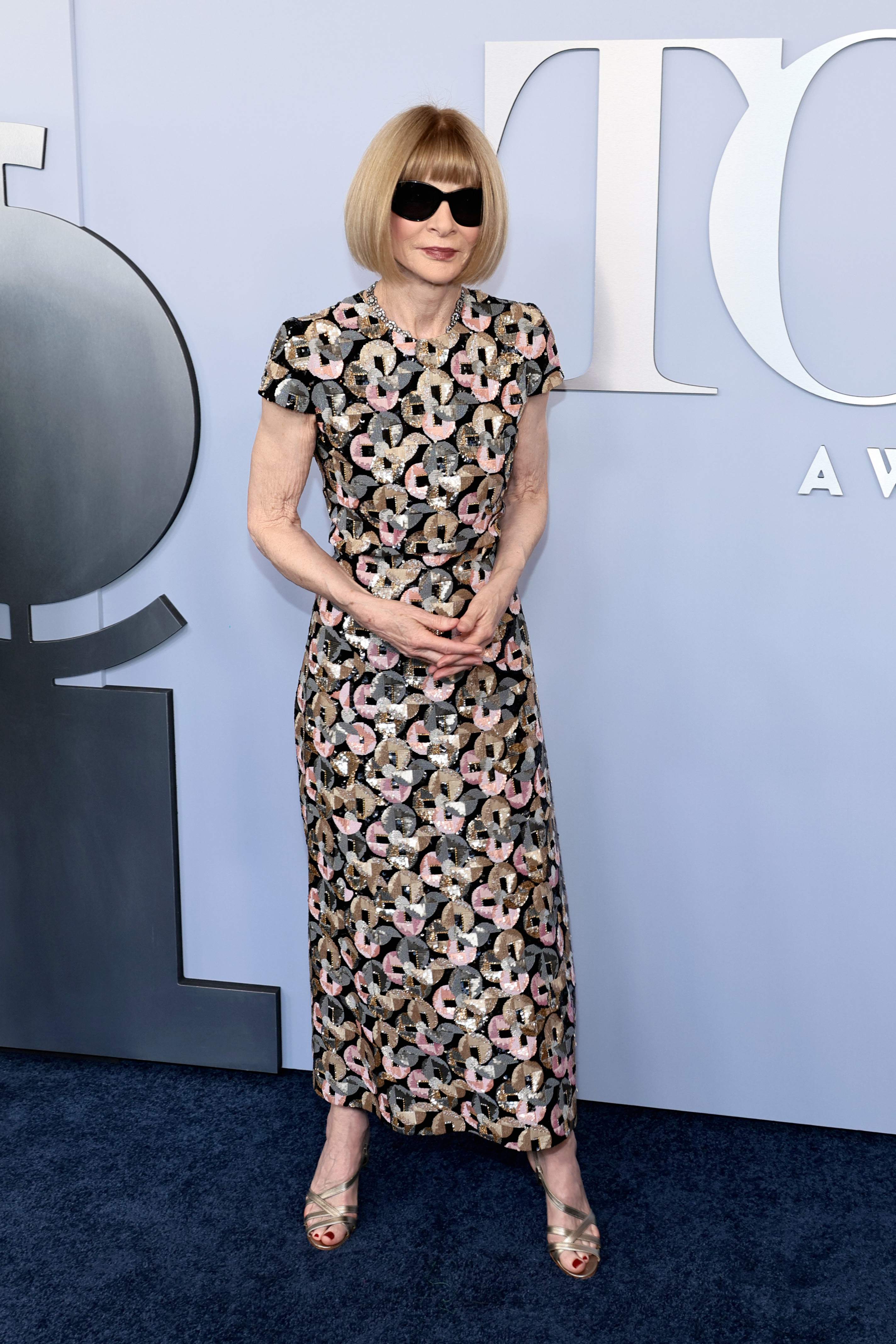 Anna Wintour on the red carpet wearing a patterned dress and sunglasses