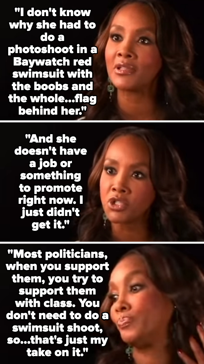 Vivica A. Fox discusses confusing photoshoot choices, critiquing a Baywatch-themed swimsuit with an American flag backdrop and the lack of job or product promotion
