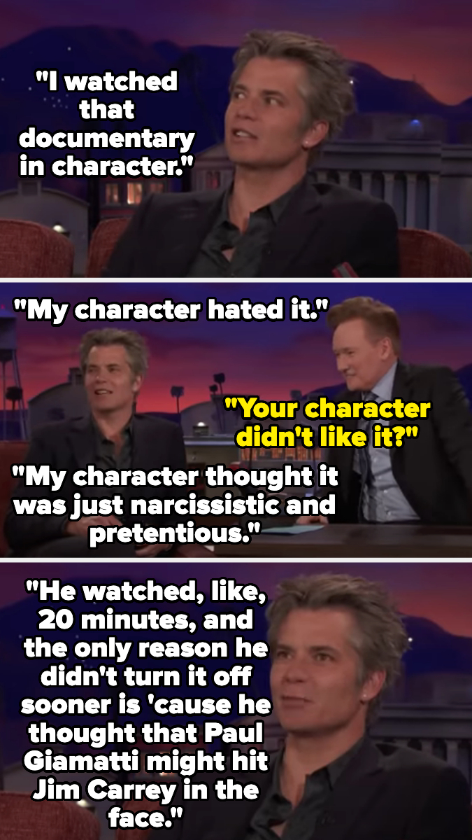 Three-panel comic with stills from a talk show featuring Timothy Olyphant and Conan O'Brien discussing a documentary Timothy's character watched and disliked