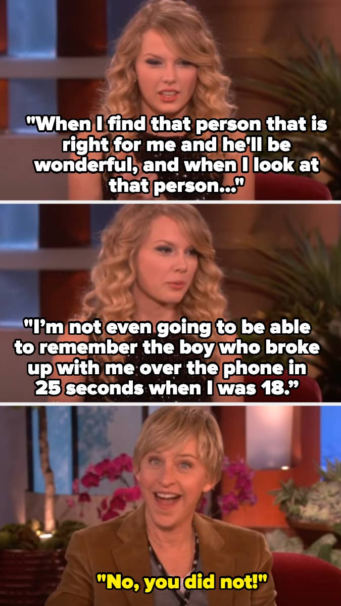 Taylor Swift discusses relationship perspectives and a past breakup at age 18 on Ellen DeGeneres's show. Ellen reacts with surprise
