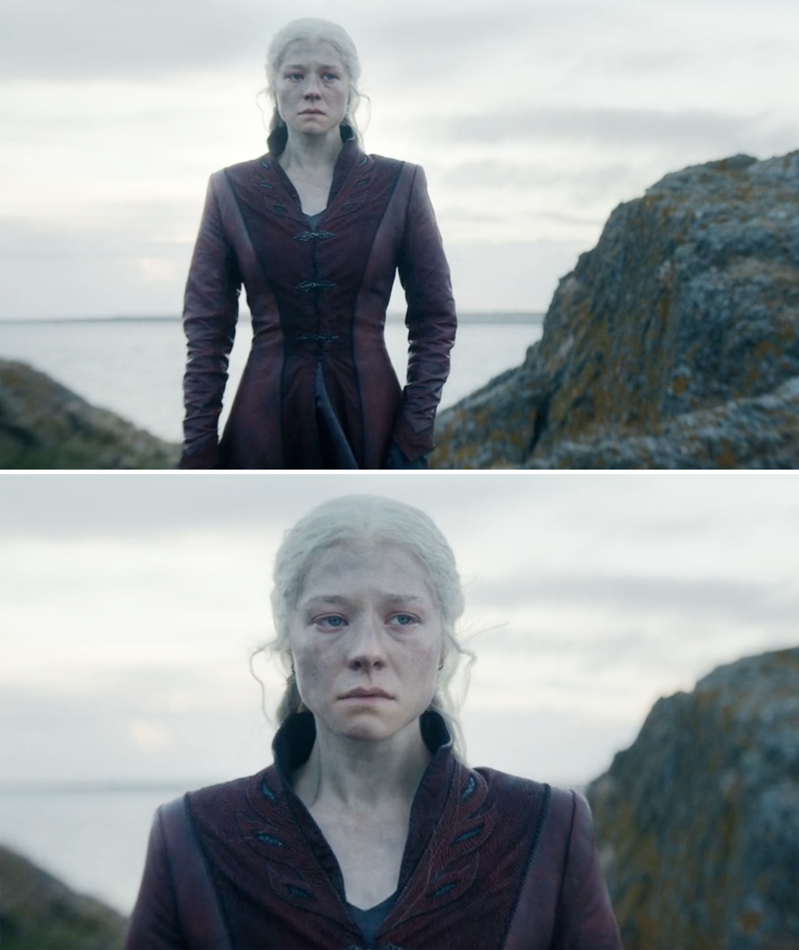 Emma D'Arcy as Rhaenyra Targaryen, in a medieval-style dress, in a scene from "House of the Dragon"