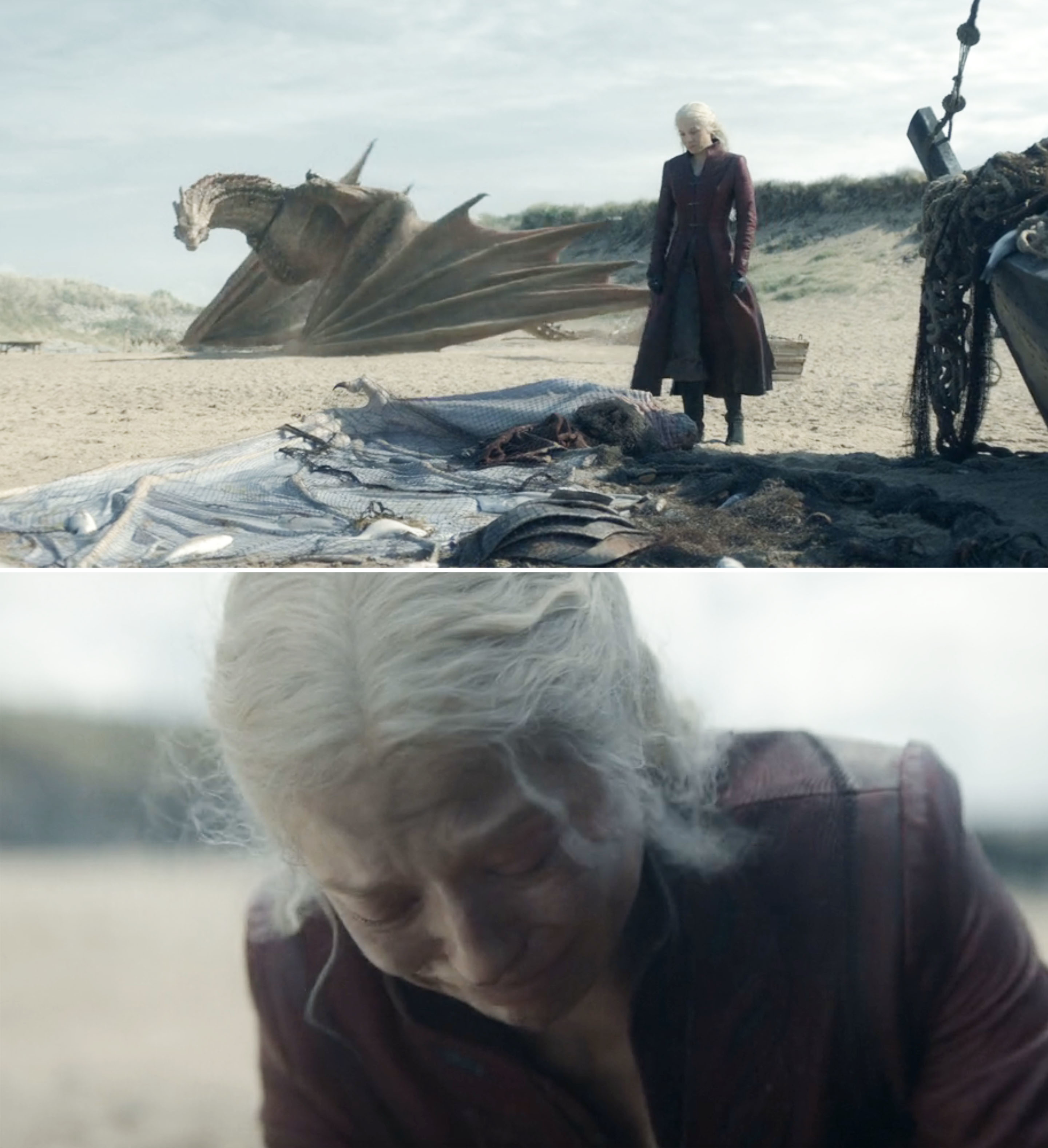 Top and bottom images of Rhaenyra Targaryen from Game of Thrones. Top: Rhaenyra stands on a beach beside her dragon. Bottom: Rhaenyra weeps over a scorch-marked cloak