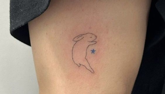 Tatuaje simple de un pez con una estrella azul en la parte interior del brazo de una persona