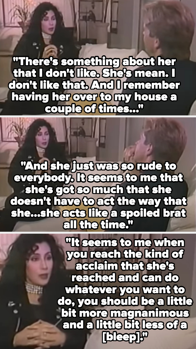 Two people having a conversation. Person on the left speaks negatively about a third, unnamed person, calling them mean, rude, a spoiled brat, and suggesting they act more magnanimous