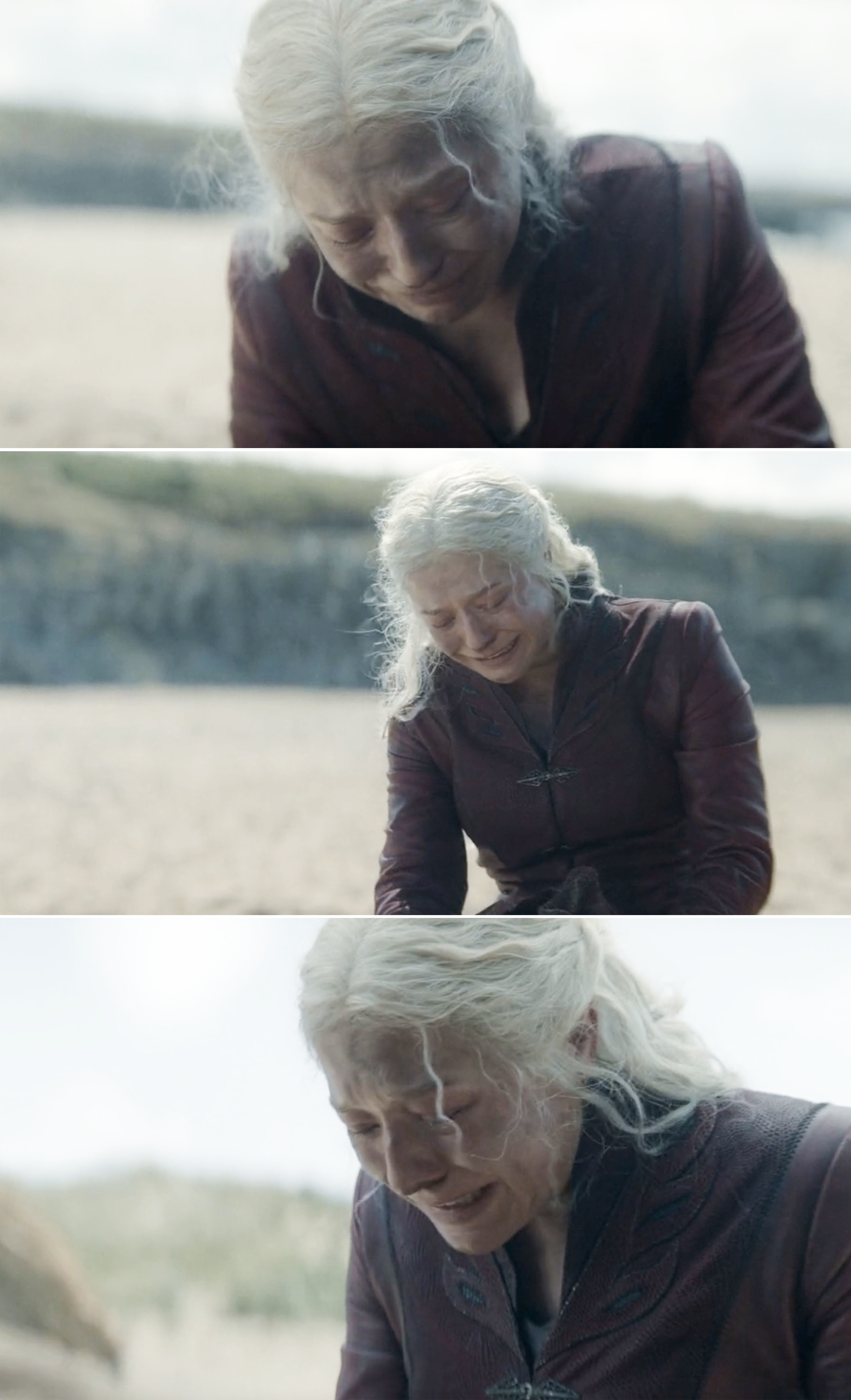 Emma D'Arcy in costume, crying on a beach in three different scenes