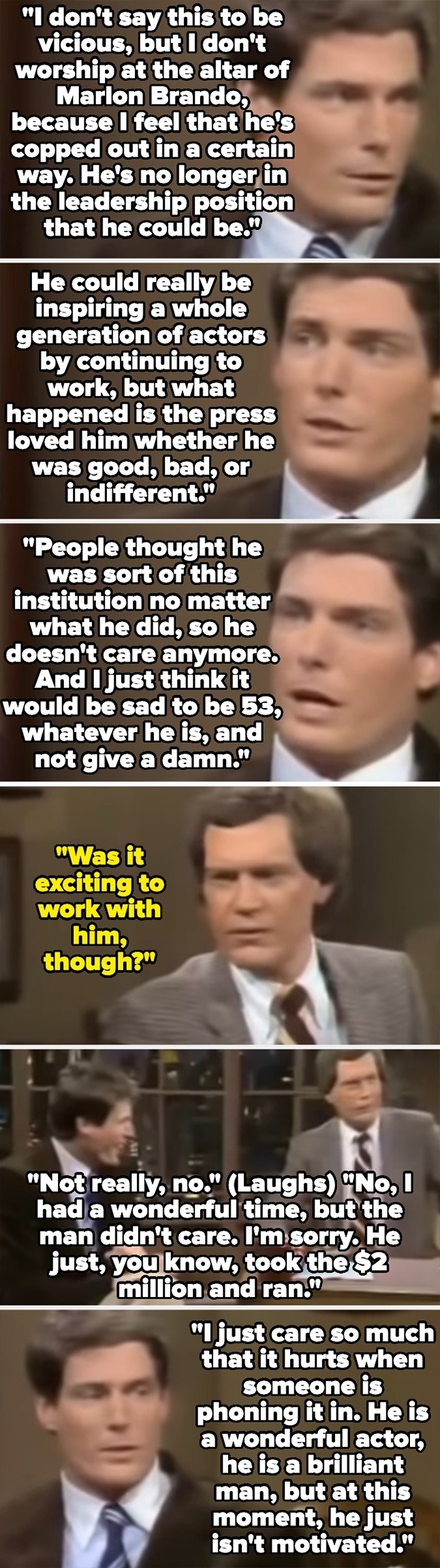 A series of images featuring interviews with Christopher Reeve. He discusses Marlon Brando's career, work ethic, and motivations in the film industry