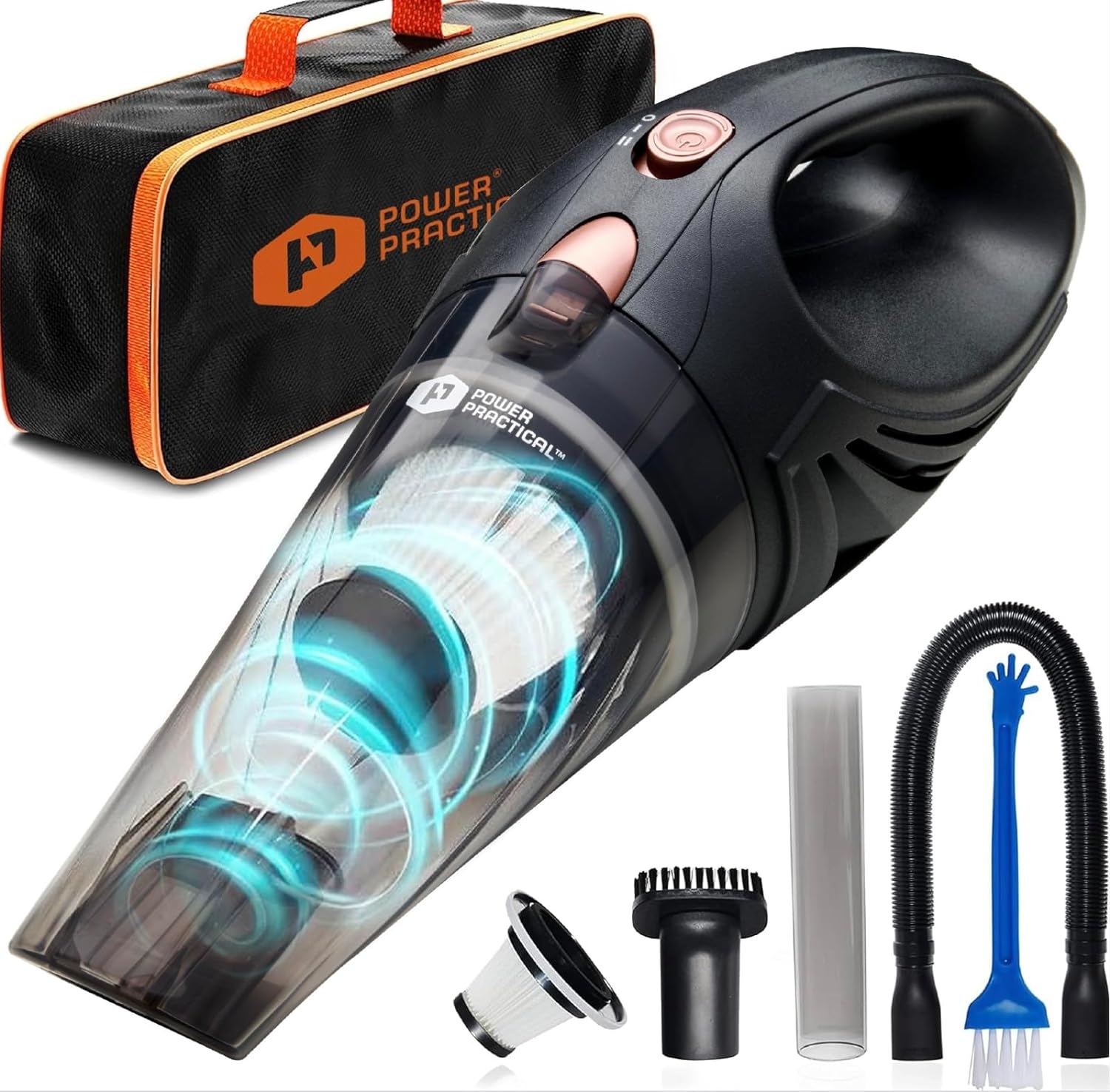 Handheld vacuum cleaner by Power Practical with carrying case and various attachments, including a hose, brush, and nozzle