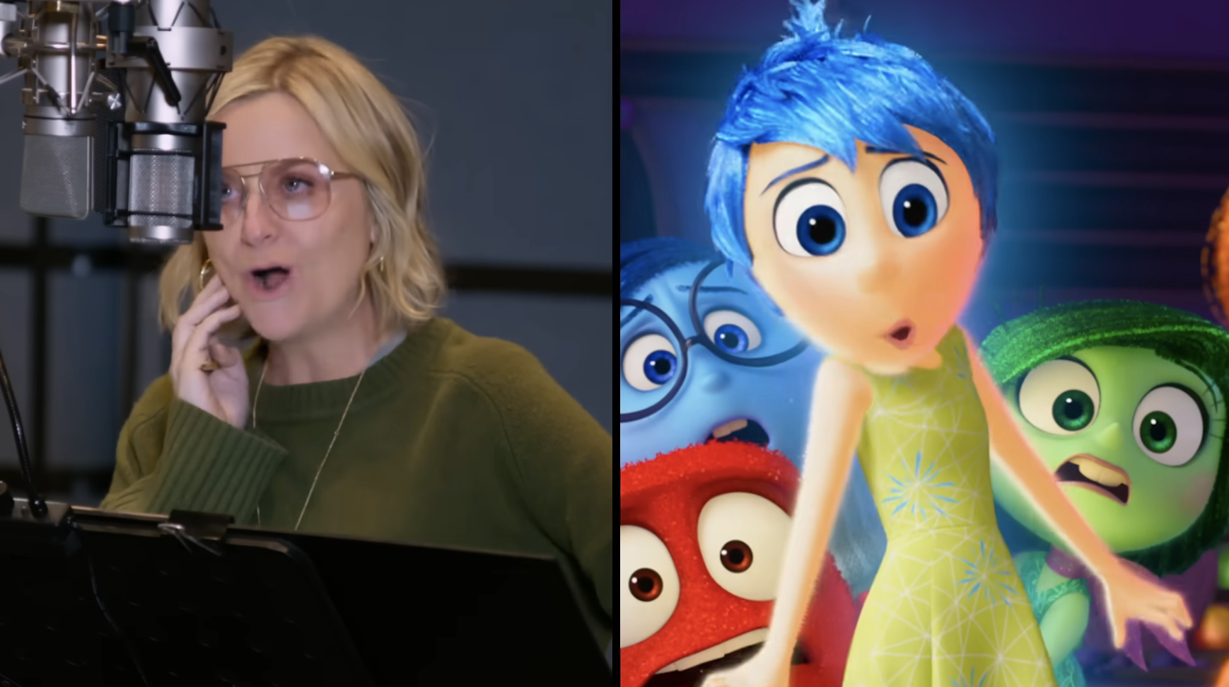 Amy Poehler voicing her character Joy, accompanied by animated characters from the movie "Inside Out."