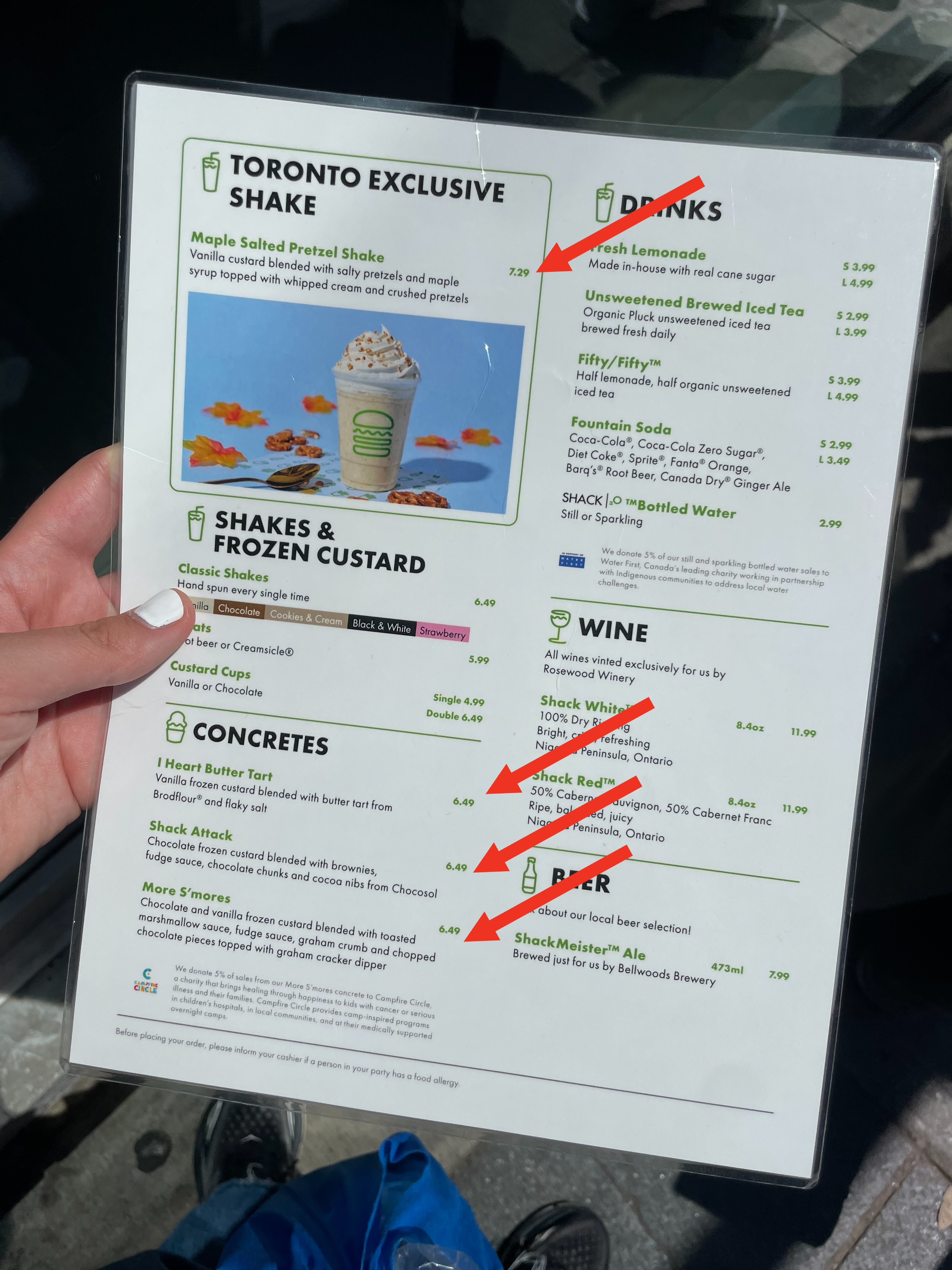 Menu from Shake Shack featuring Toronto Exclusive Shake, classic shakes, custard concretes, drinks, lemonade, beer, and a kid's section