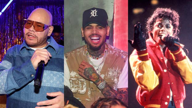 Fat Joe is singing into a microphone; Chris Brown is smiling, wearing a baseball cap and chain necklace; Michael Jackson is performing in a red and yellow jacket
