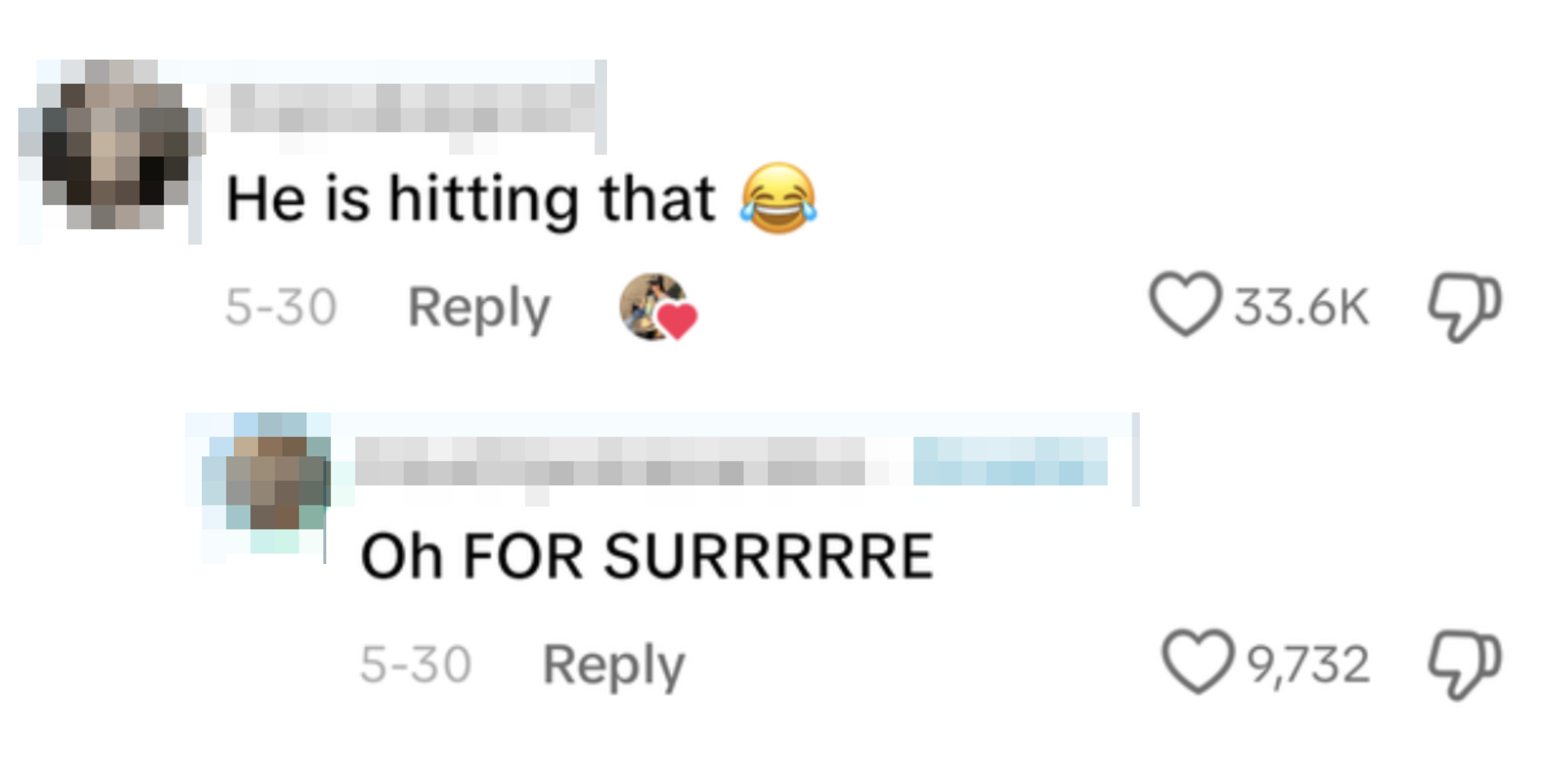 User comments, "He is hitting that" with a laughing emoji. User responds, "Oh FOR SURRRRRE"