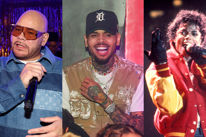 Fat Joe is singing into a microphone; Chris Brown is smiling, wearing a baseball cap and chain necklace; Michael Jackson is performing in a red and yellow jacket