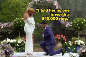 A man in a blue suit kneels and proposes to a woman in a white dress on an outdoor wedding setup with flower arrangements. Text: "I told her no one is worth a $10,000 ring."