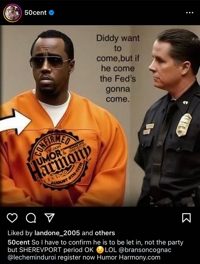 Sean &quot;Diddy&quot; Combs in an orange sweatshirt next to a serious police officer. The sweatshirt text reads &quot;Confirmed Rumor Harmony August 3rd&quot;. Social media post by 50 Cent