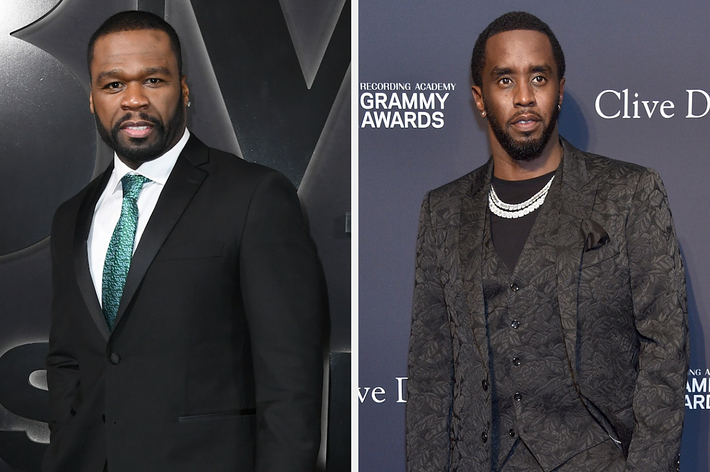 50 Cent and Sean "Diddy" Combs in formal attire at separate events. 50 Cent wears a classic suit and tie, while Diddy dons a patterned suit with layered necklaces
