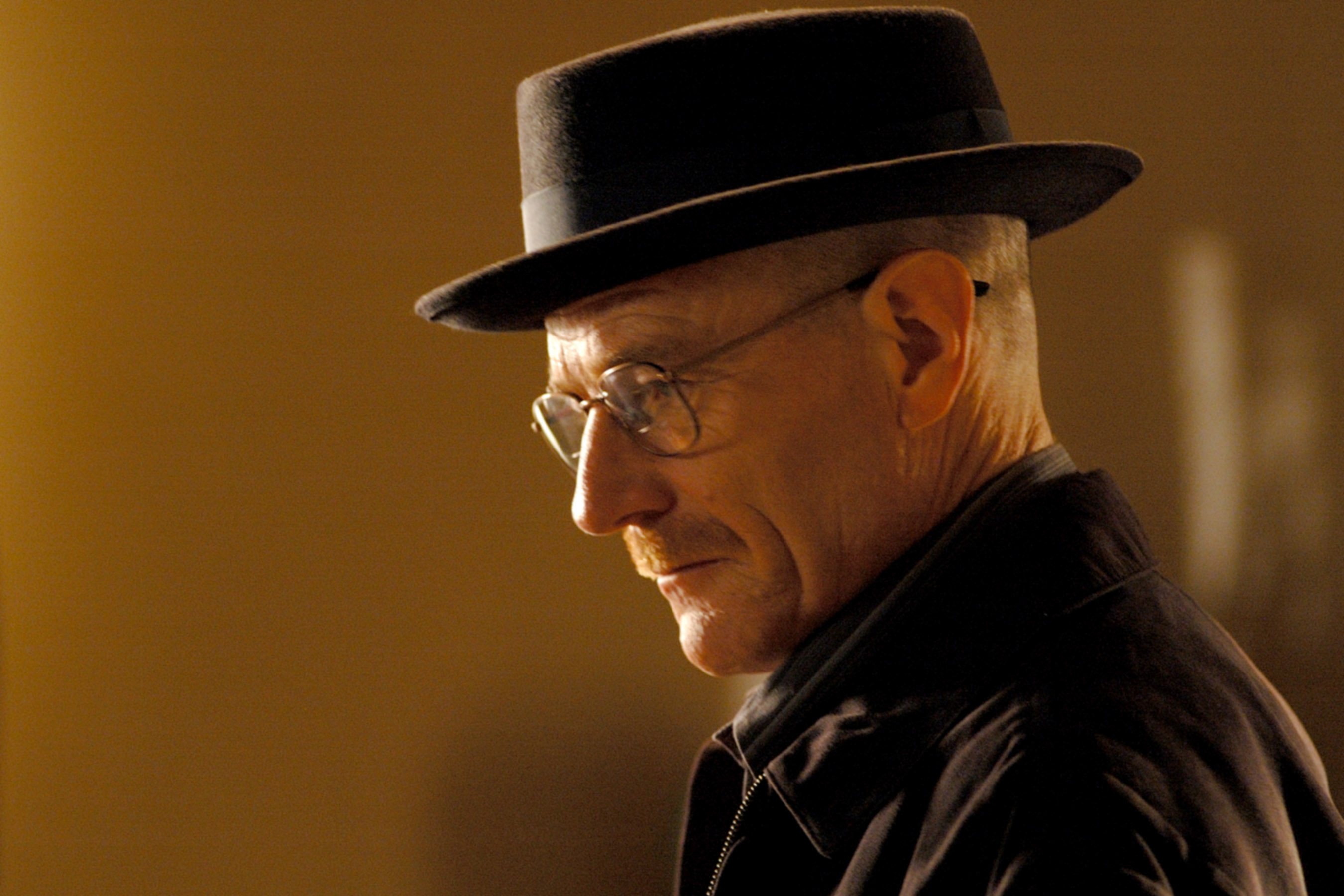 Bryan Cranston wearing a hat, glasses, and dark jacket