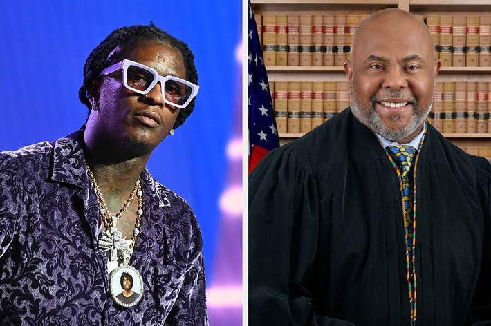 (L) Young Thug in patterned shirt with large sunglasses and necklace, (R) Judge Ural Glanville in judicial robes with books in the background