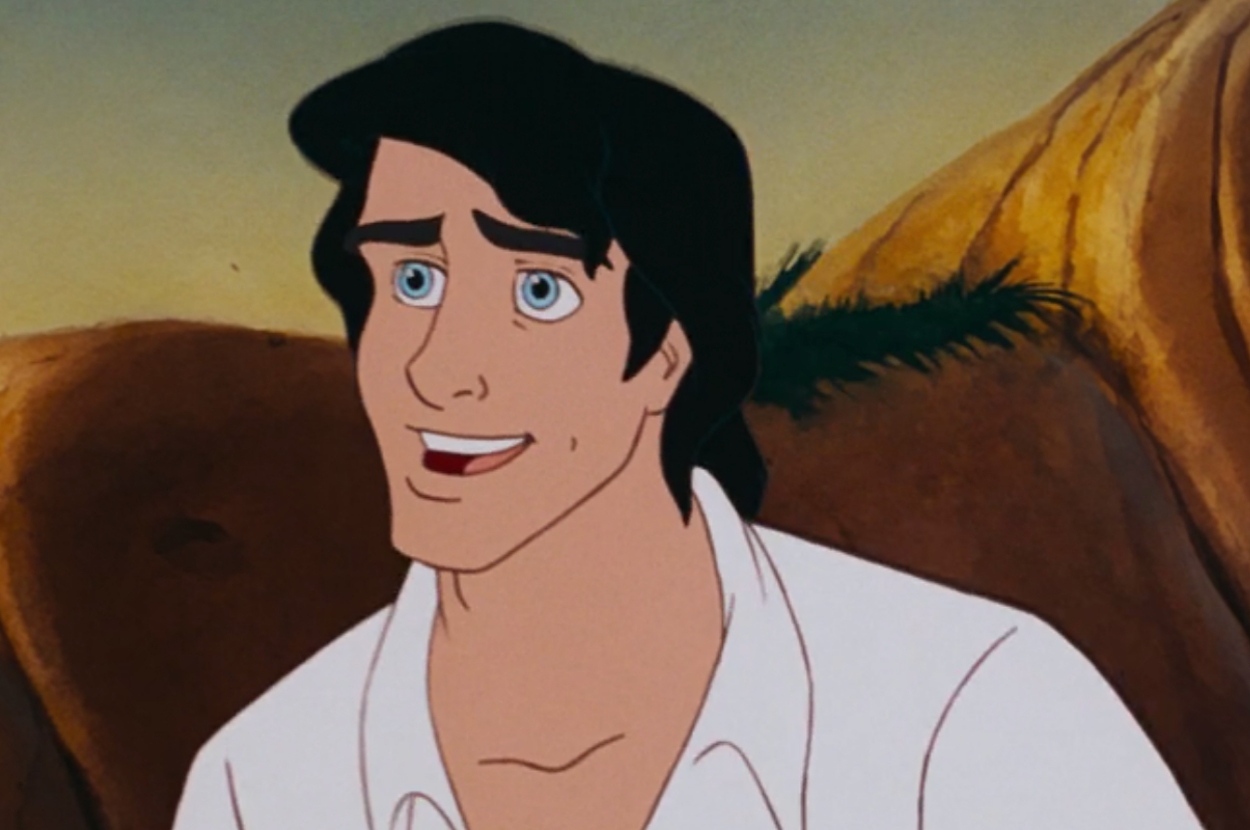 Prince Eric from The Little Mermaid smiling and looking to the side, dressed in an open-collared shirt