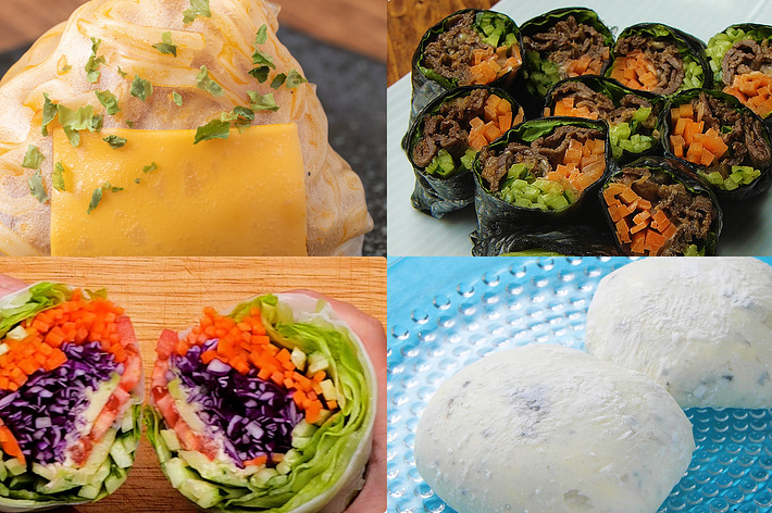 4種類の料理が並んでいる。それぞれは、オムライス風、ビーフ巻き、サラダ風春巻き、白いパウダースイーツ。