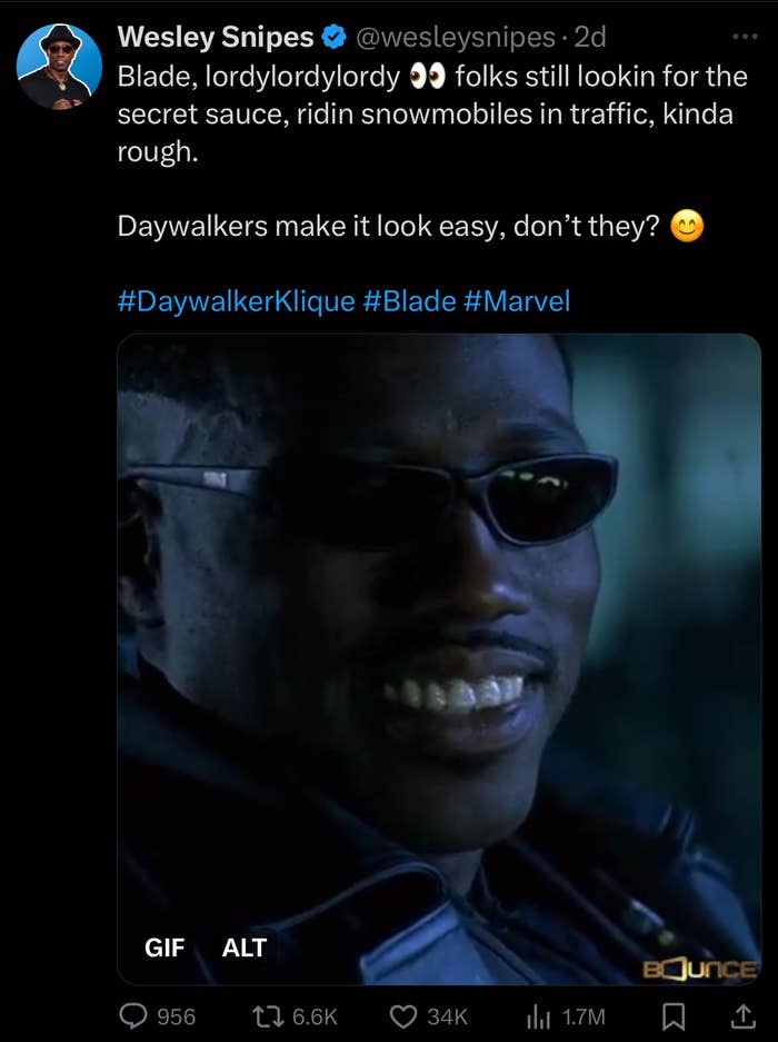Wesley Snipes, in sunglasses, tweets about Blade character. Text includes, &quot;Blade, lordylordylordy... Daywalkers make it look easy, don&#x27;t they?&quot; with related hashtags