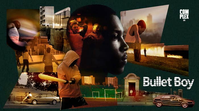 A collage of scenes from the film &quot;Bullet Boy,&quot; featuring intense moments and urban settings. Characters are seen in various dramatic situations